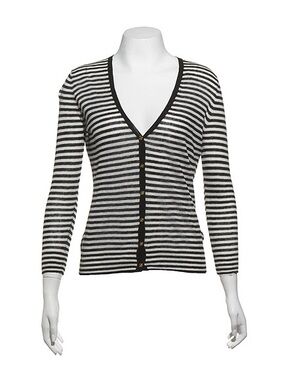 Tory Burch Black & White Striped V‑Neck Button Dabney Cardigan